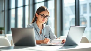 A young professional woman sitting at a modern desk with a laptop, writing notes in a journal with a focused, determined expression. Sunlight streams through large windows. She appears engaged and thoughtful, representing active learning and personal development.
