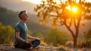 Person meditating outdoors at sunrise, peaceful expression, natural setting with trees and mountains, soft golden light, embodying calm and inner reflection
