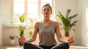 A person sitting peacefully in meditation pose in a sunlit room, eyes gently closed, with plants in the background, embodying inner calm and self-awareness during personal reflection.