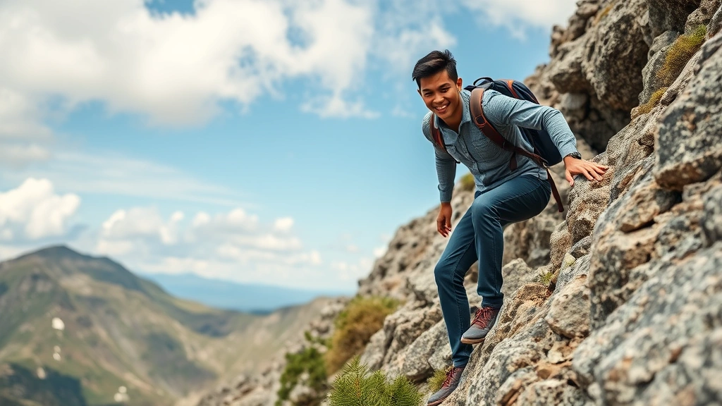 Young professional climbing rocky mountain path, determined expression, overcoming obstacles, natural landscape, representing journey and resilience