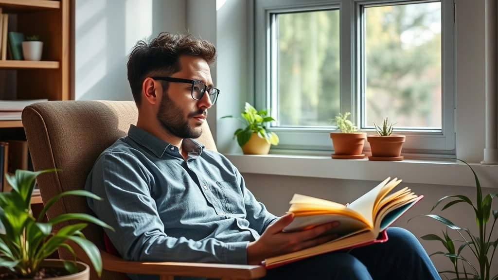 Person reading book in comfortable chair by window with natural light, thoughtful expression, surrounded by growth and learning environment