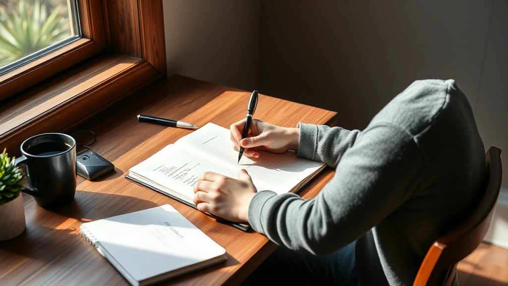 Individual writing in journal at wooden desk, natural window light, coffee cup nearby, focused expression of reflection and self-discovery, calm productive space