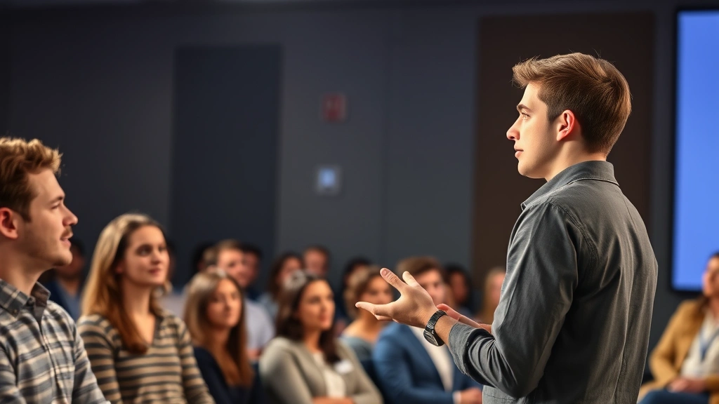 Young professional presenting confidently to audience, engaged listeners nodding, bright stage lighting, body language showing growth and mastery, diverse group setting