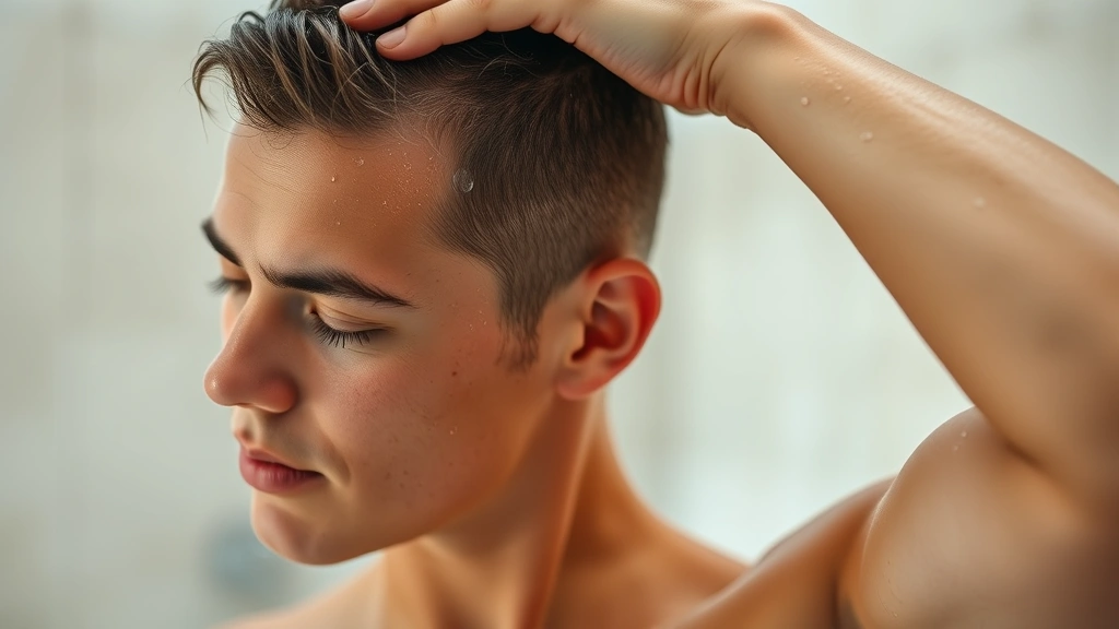 Person massaging scalp with fingertips in shower, water droplets visible, focused expression of self-care, steam in background, natural lighting, healthy scalp visible