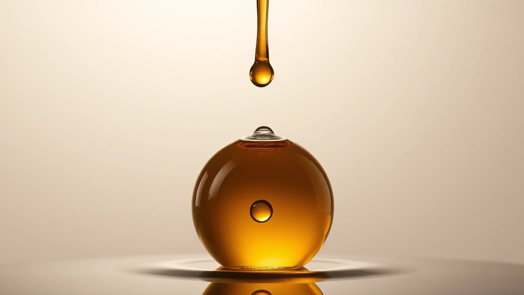 Golden-amber raw batana oil bottle with oil droplet suspended in light, rich amber color clearly visible, smooth reflective surface, minimalist background, photorealistic