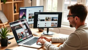 Person sitting at laptop with multiple browser windows open showing diverse online communities and discussion forums, natural lighting, focused expression, warm home office environment