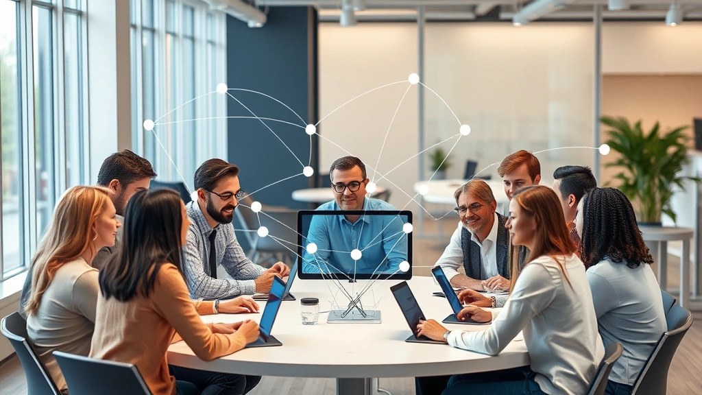 Diverse group of people collaborating around a virtual workspace, digital connection lines linking them together, representing community moderators and contributors, modern office setting