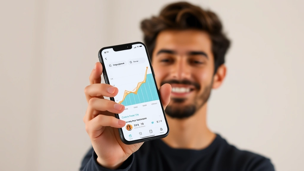 Growth chart visualization displayed on mobile phone screen, user engagement metrics trending upward, person holding phone with satisfied expression, minimalist background