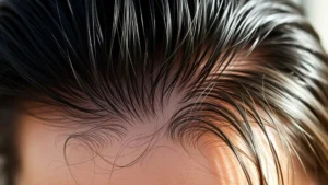 Close-up of healthy scalp with strong hair roots, professional dermatology lighting, person with dark hair, natural sunlight highlighting hair texture and vitality, emphasizing follicle health
