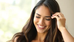 Woman confidently touching her hair, smiling with renewed confidence, natural lighting, close-up of healthy scalp and hair strands showing vitality