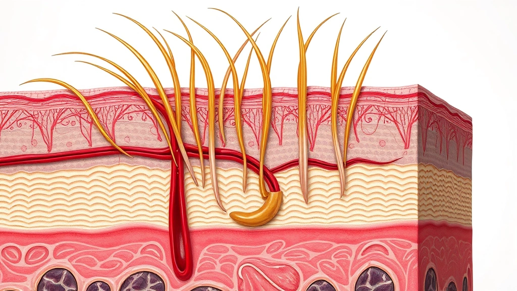 Detailed cross-section showing healthy hair follicle with active growth phase, scalp blood circulation, and nourished dermal papilla, scientific illustration style