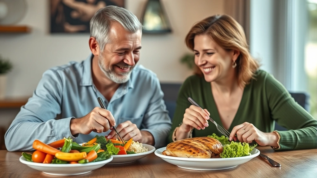 Mature couple eating protein-rich meal together at dining table, colorful vegetables and grilled chicken visible, warm natural lighting, healthy nutrition focus, smiling and engaged