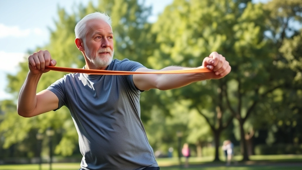 Older adult doing resistance band exercises outdoors in park setting, strong posture, vibrant energy, trees in background, blue sky, demonstrating functional fitness movement