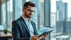 Professional business manager reviewing financial growth charts on digital tablet, confident expression, modern office environment with cityscape window view, natural daylight, motivational atmosphere