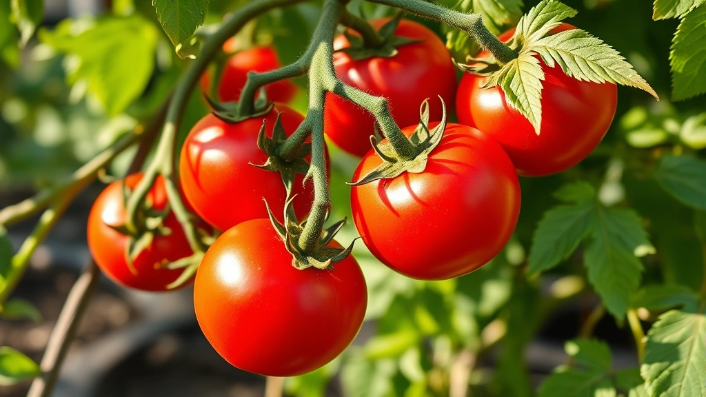 Close-up of vibrant red Roma tomatoes hanging on thriving vine with green leaves in morning sunlight, showing healthy fruit development and lush foliage in natural garden setting
