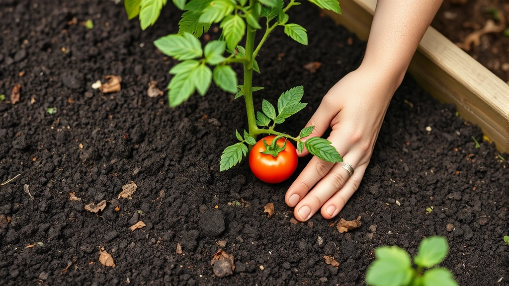 Gardener's hands carefully applying rich dark compost mulch around base of young Roma tomato plant, demonstrating soil preparation and nurturing growth technique in raised garden bed