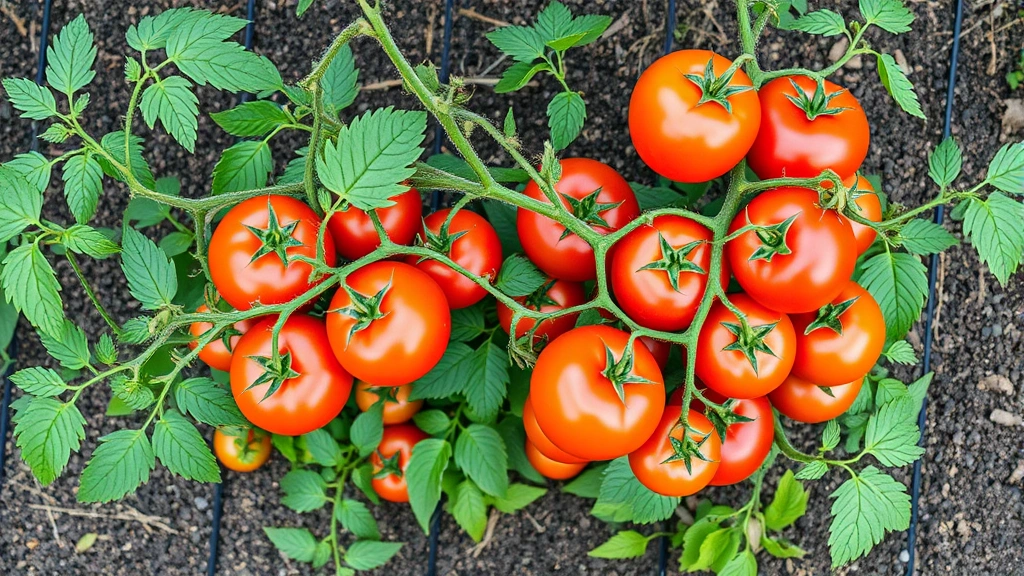 Overhead view of mature Roma tomato plants with sturdy support stakes, showing proper spacing, pruned lower foliage, and abundant ripening fruits at various stages of development in productive garden