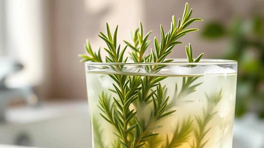 Close-up of vibrant green rosemary sprigs in a clear glass of steaming water, morning sunlight streaming through, fresh herb infusion, spa-like presentation, blurred bathroom background