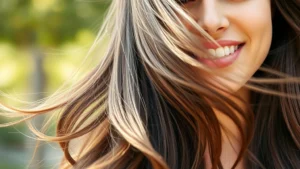 Woman with thick, healthy hair flowing in natural light, smiling confidently, close-up of shiny hair strands showing vitality and growth, outdoor setting with soft focus background