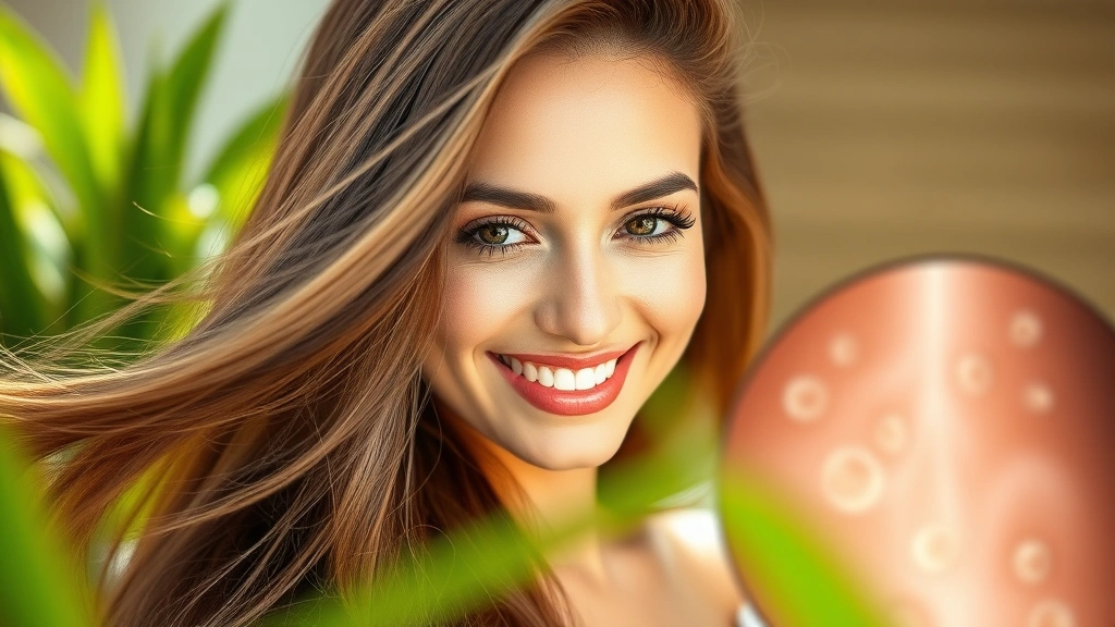 Woman with lush, healthy thick hair flowing in natural light, smiling with confidence, close-up of scalp area showing vibrant hair follicles, serene spa-like setting with green botanical elements