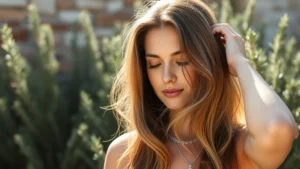 Woman with flowing healthy hair in sunlight, serene expression, touching hair naturally, Mediterranean garden background with rosemary plants, professional wellness photography