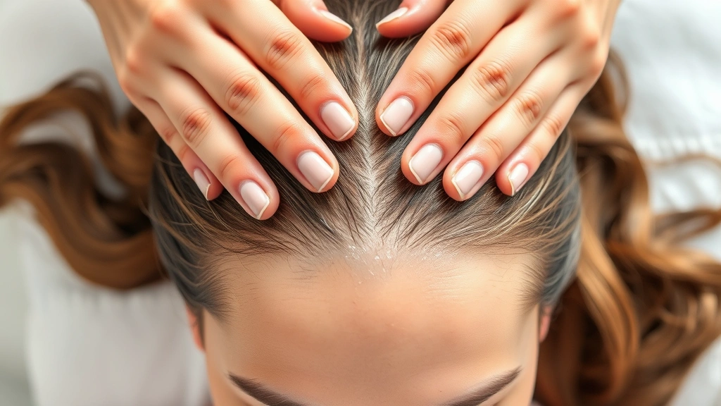 Hands massaging a person's scalp during hair treatment, gentle circular motions on clean scalp, natural lighting showing healthy skin texture and care ritual