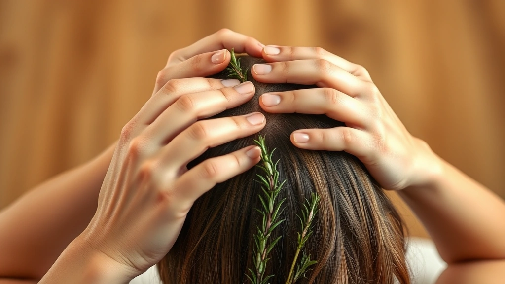 Hands massaging scalp with gentle circular motions, person's head tilted back in relaxation, soft warm lighting, fresh rosemary sprigs visible, demonstrating scalp massage technique for hair health