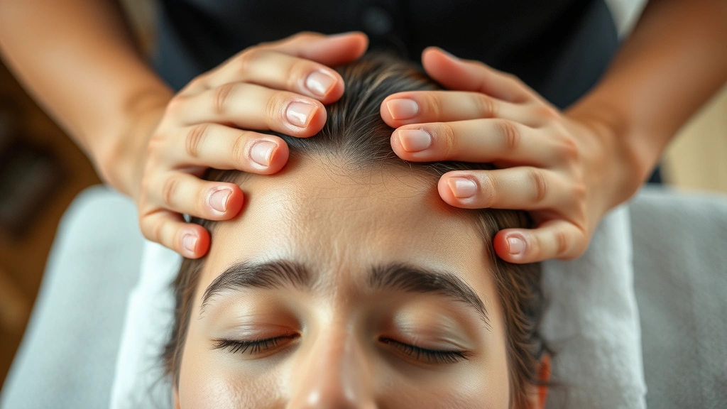 Close-up of hands massaging scalp during hair treatment, relaxed expression, natural indoor lighting, showing proper massage technique, wellness and self-care moment