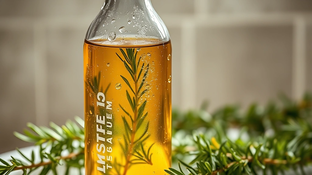 Glass bottle of golden rosemary-infused water next to fresh rosemary sprigs, water droplets on bottle, natural bathroom or wellness setting with soft natural lighting