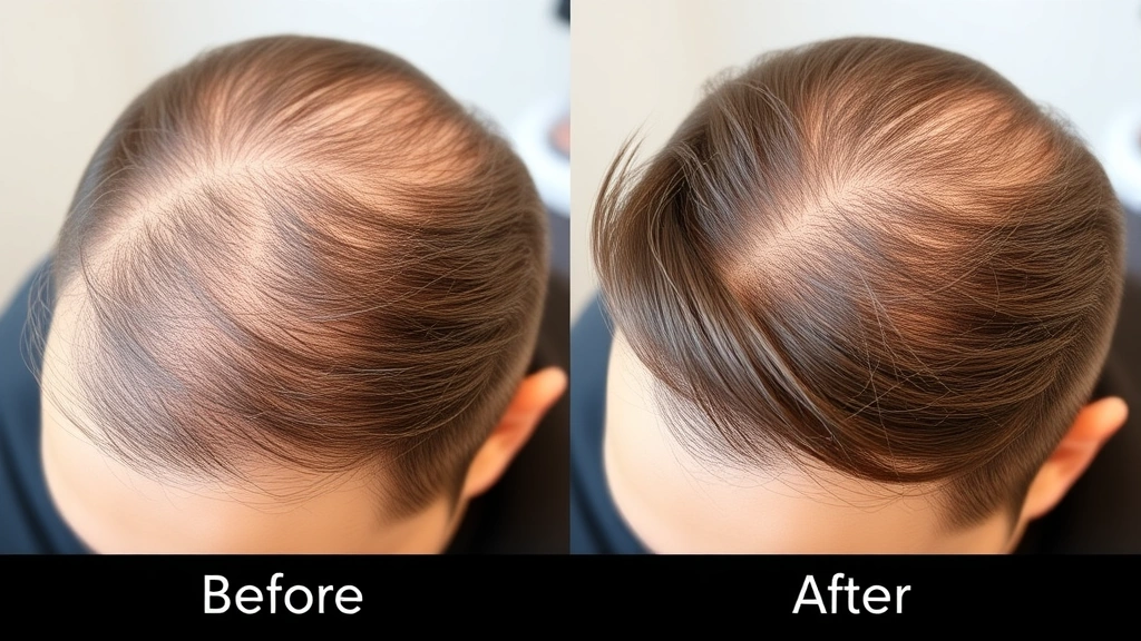 Before and after side-by-side hair density comparison showing gradual improvement, person's hairline and crown area, natural lighting, healthy scalp condition, demonstrating hair growth progression over time
