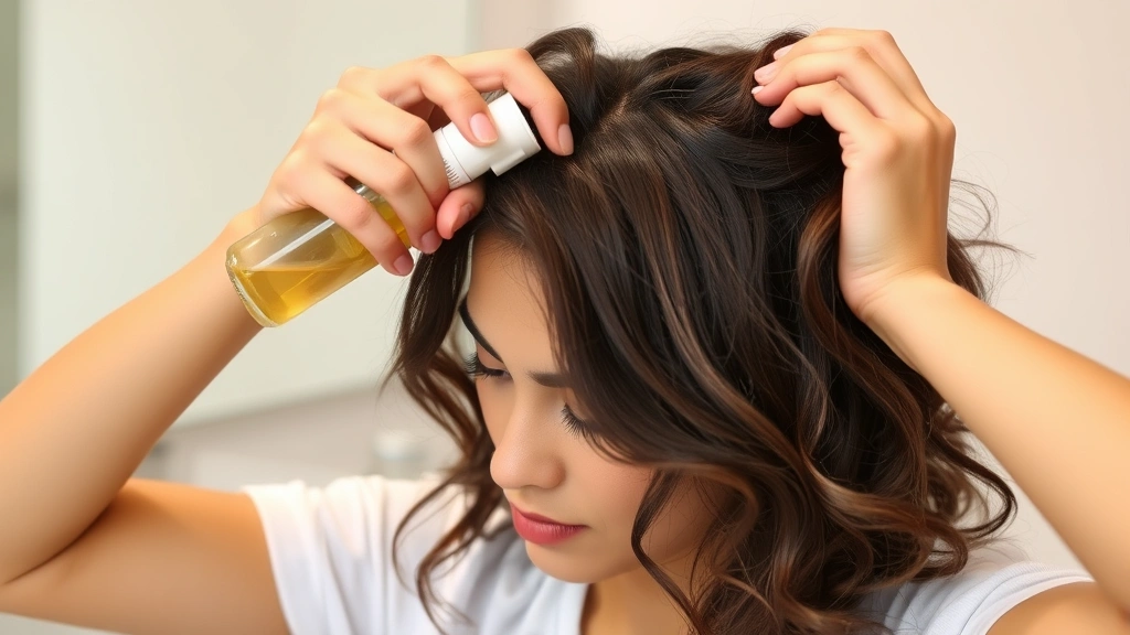 Person applying herbal hair treatment spray to scalp, focused and committed expression, bathroom setting with glass containers of natural remedies, demonstrating consistent hair care routine