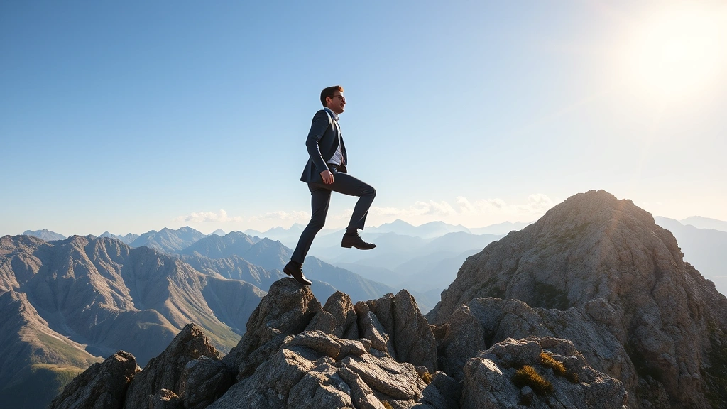 Person climbing ascending mountain peaks representing economic growth stages, professional attire, determined expression, morning sunlight, realistic landscape photography
