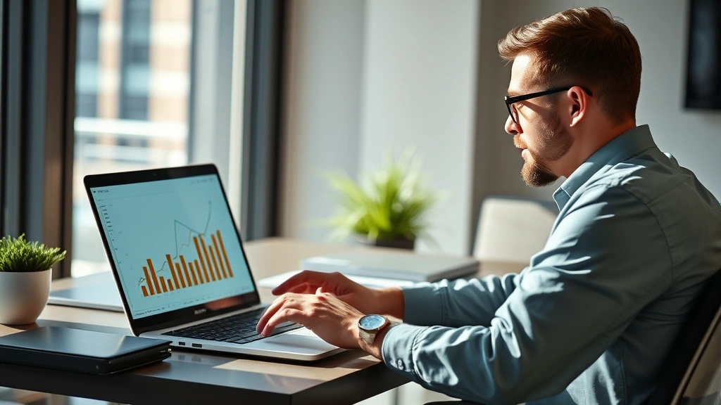 Individual reviewing financial charts and graphs at modern desk, laptop showing growth curves, natural lighting, focused expression, contemporary workspace environment