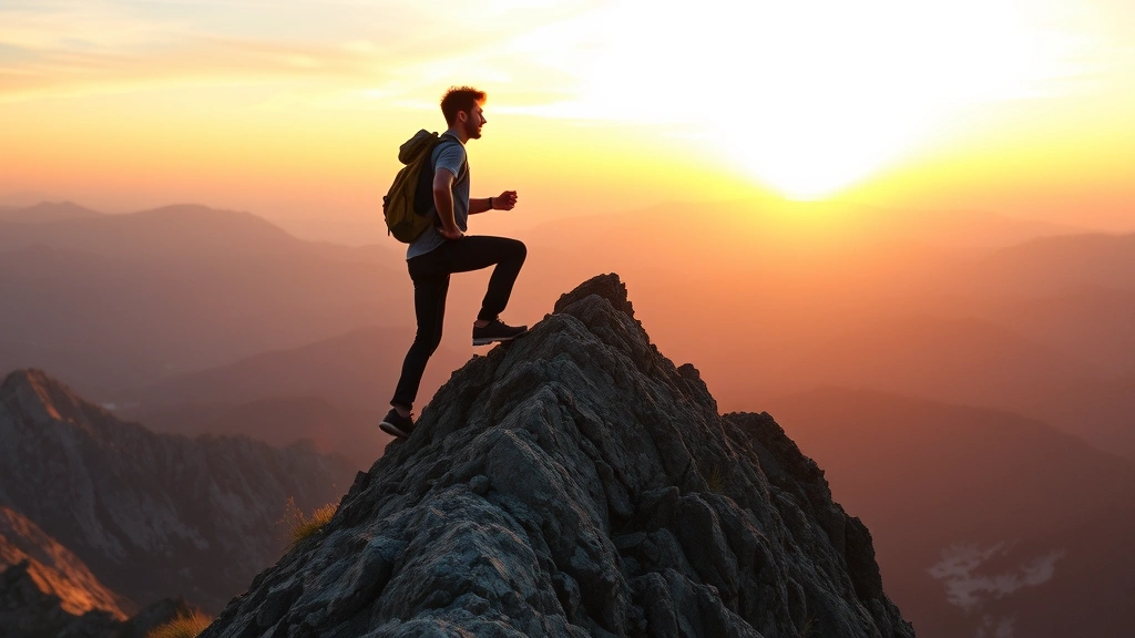 Person climbing mountain with sunrise, symbolizing journey through growth stages, determined expression, natural landscape, golden hour lighting, vibrant colors