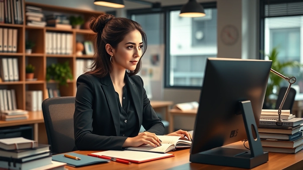 Professional woman at desk surrounded by books, notes, and computer, focused on learning, modern office space, warm lighting, growth mindset visualization, inspired atmosphere