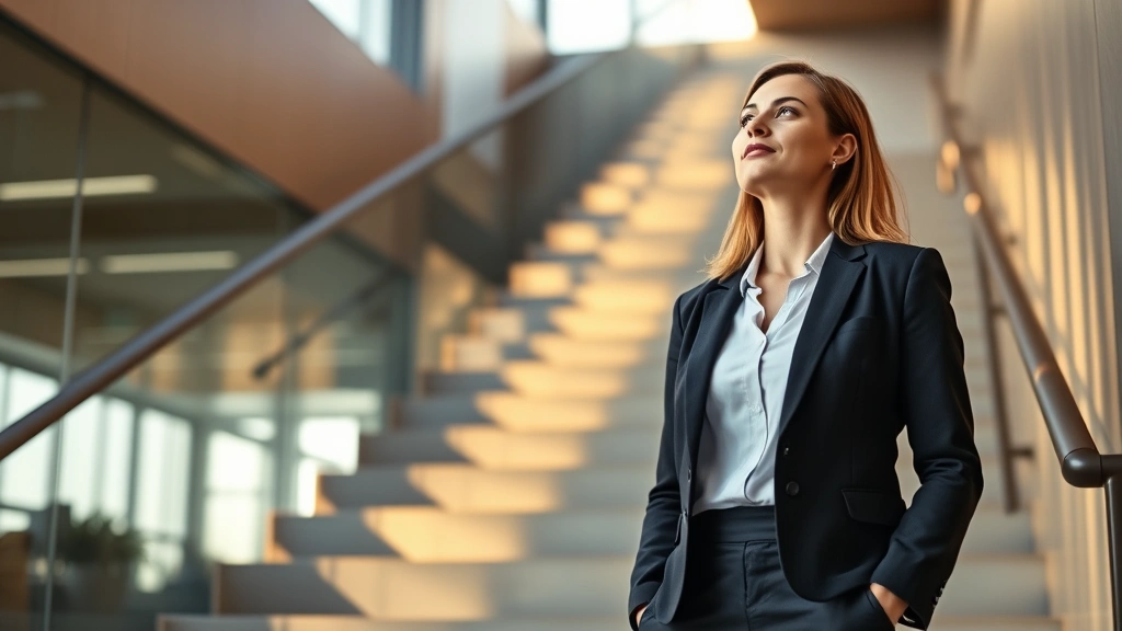 Professional woman in business attire standing at base of ascending staircase bathed in warm natural light, looking upward with determined expression, modern office environment background, representing growth stages progression and career advancement