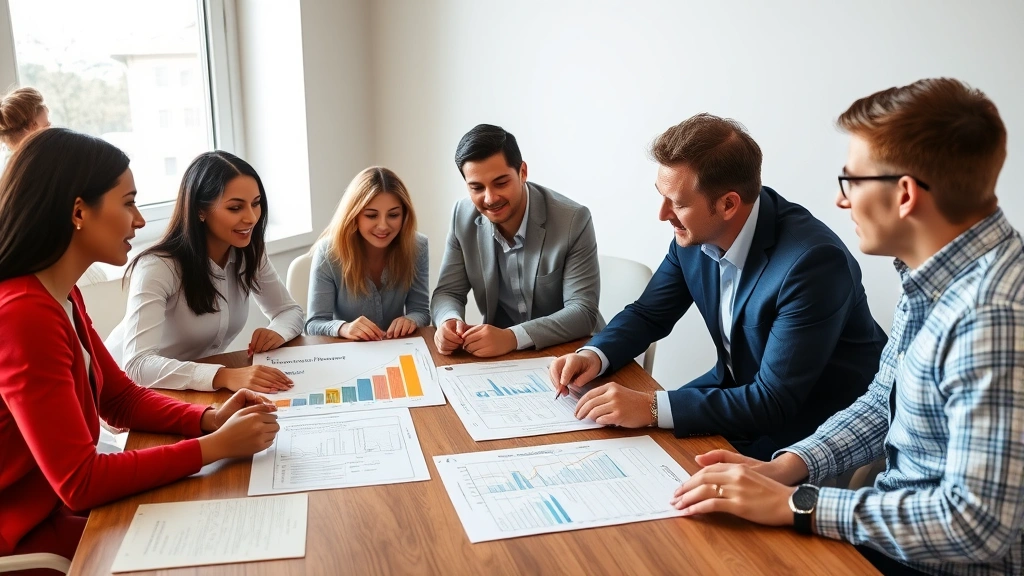 Diverse group of professionals collaborating around table with growth charts and strategic documents, natural lighting from windows, engaged in meaningful discussion, representing systems building and maturity stage development