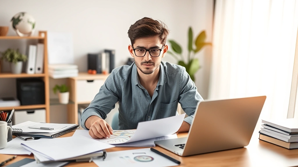 Young entrepreneur at desk surrounded by notes, laptop, and planning materials, focused expression, early morning light suggesting dedication and foundational work, representing preconditions stage investment and preparation