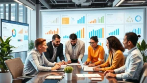 A diverse group of professionals collaborating in a modern office space with charts and analytics displays, representing economic development teamwork and progress measurement