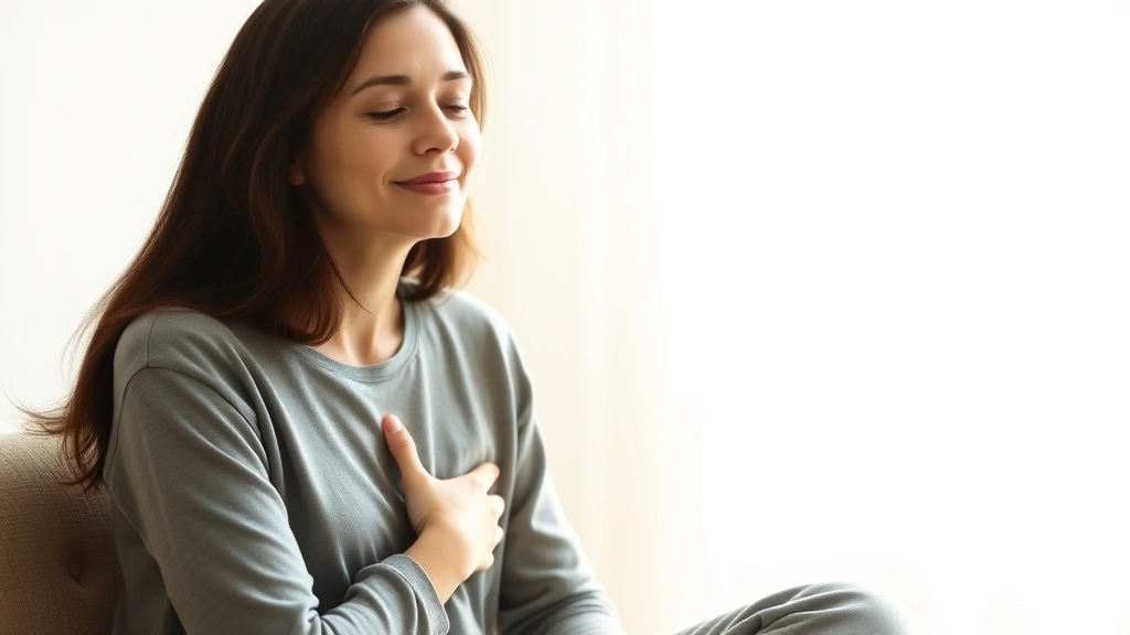 Woman sitting peacefully with hand on heart, warm sunlight through window, serene expression of self-acceptance, soft neutral background, embodying self-compassion and inner peace