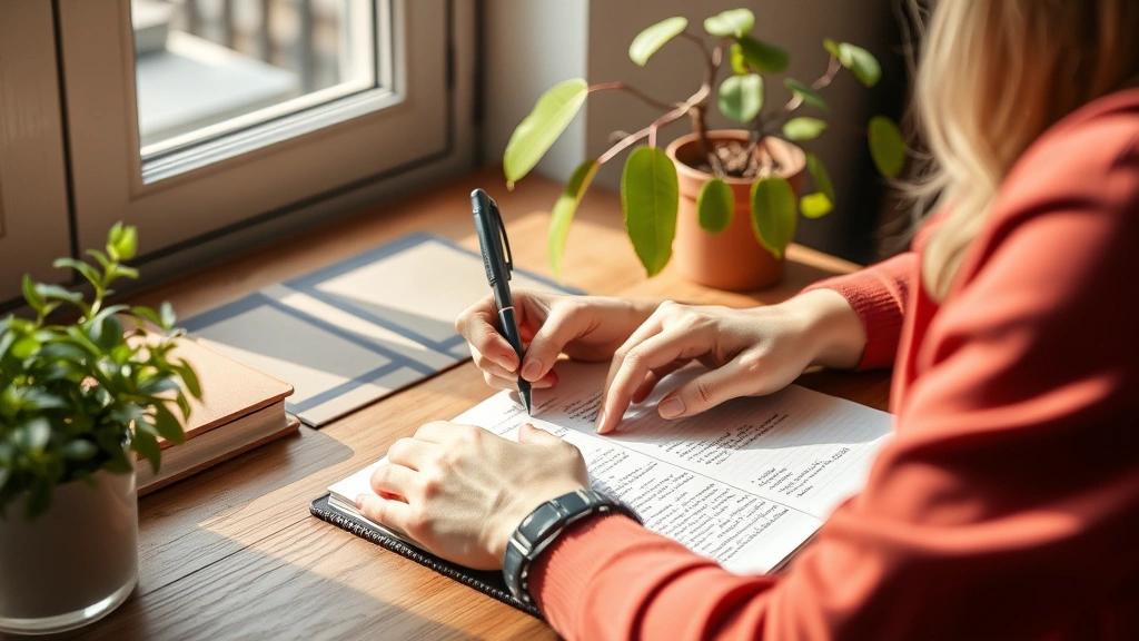 Person writing in journal at desk with plant nearby, focused determined expression, natural lighting, representing reflection and intentional personal growth work