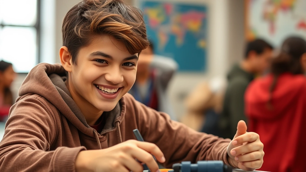 Young adult successfully completing a challenging task with genuine smile, showing accomplishment and confidence, supportive environment with subtle community elements in background