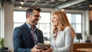 Professional salesperson having confident conversation with engaged client in modern office, both smiling, natural lighting, genuine human connection visible, warm and welcoming atmosphere