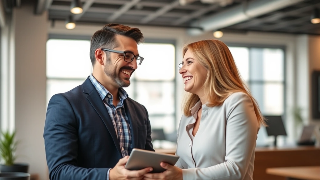 Professional salesperson having confident conversation with engaged client in modern office, both smiling, natural lighting, genuine human connection visible, warm and welcoming atmosphere