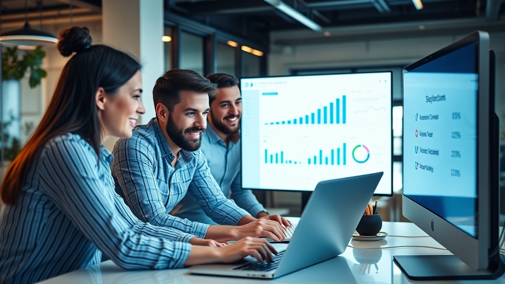 Sales team collaborating around laptop reviewing analytics dashboard, focused expressions, diverse team members, modern workspace, growth charts visible on screen reflection, energetic and productive environment