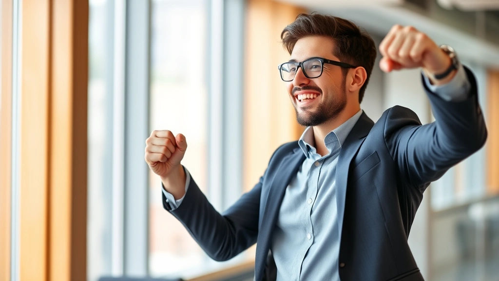 Successful professional celebrating achievement with fist pump gesture, natural expression of joy and confidence, modern business casual attire, bright office background with windows, authentic moment of accomplishment