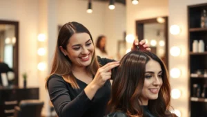 Professional female salon stylist smiling while applying premium hair color to a client's hair in a modern, well-lit salon. Both appear happy and focused. Warm, welcoming salon environment with soft lighting and contemporary decor.