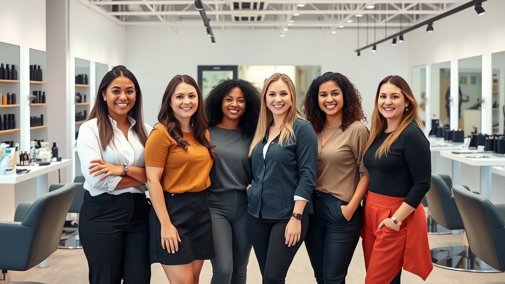 Diverse group of four salon professionals standing together confidently in a modern salon setting, showing teamwork and expertise. They're wearing professional attire and smiling warmly. Clean, contemporary salon interior with modern styling stations visible in background.