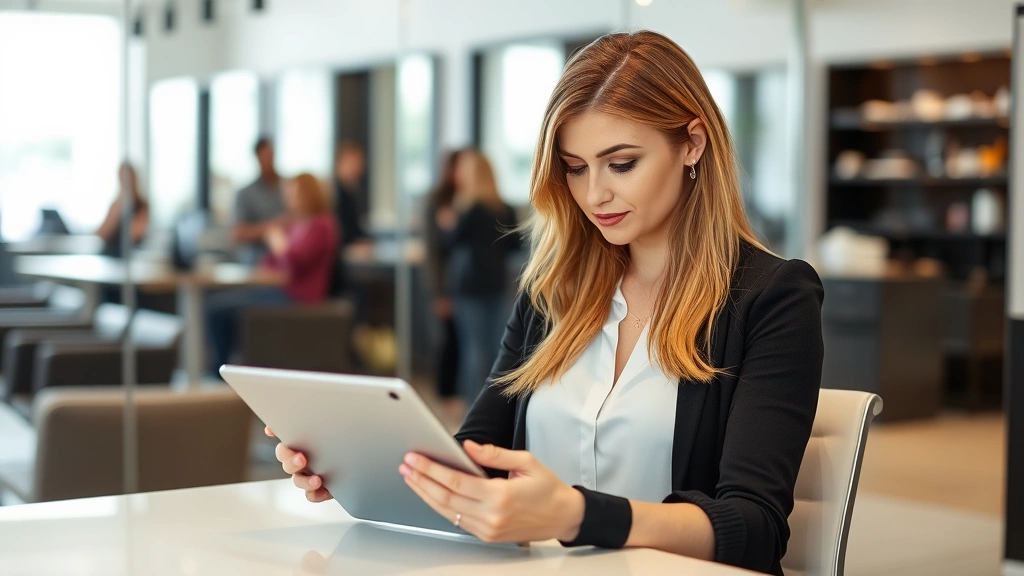 Female salon owner reviewing business analytics and growth metrics on a tablet while sitting at a modern desk in her salon office. Professional, focused expression. Blurred salon activity visible through glass partition behind her, showing successful, busy salon operation.
