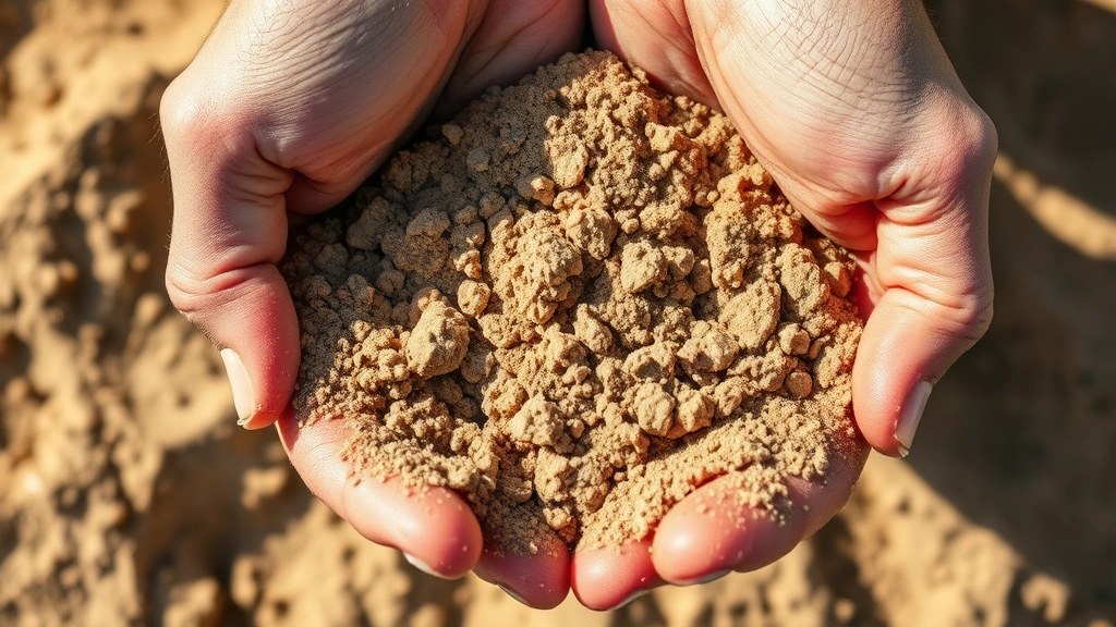 Close-up of hands holding loose, well-draining sandy soil with visible texture and particles, sunlight filtering through, showing soil structure and quality